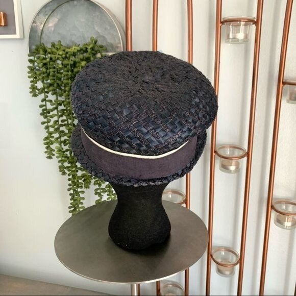 Vintage Blue Straw Hat Floral Accent Union Made main image 3